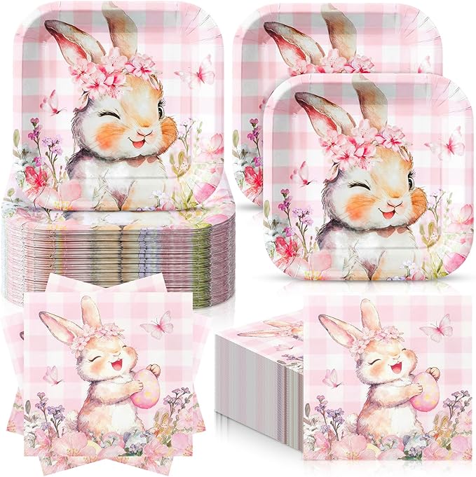 72 Pcs Easter Bunny Plates and Napkins Set Serve 36 7 Pink Bunny Egg