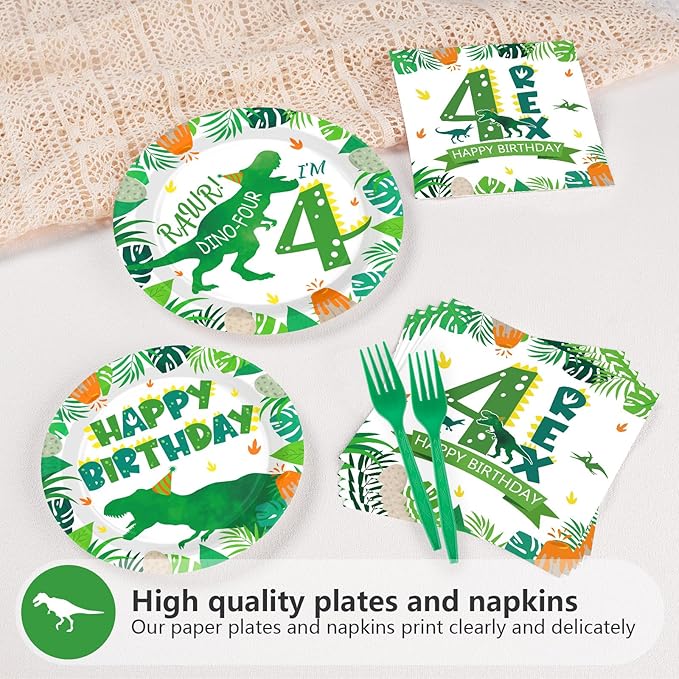 96Pcs Dinosaur 4th Birthday Decorations Dinosaur 4th Birthday Plates