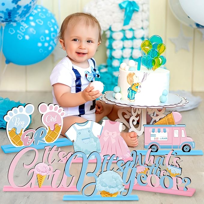 6 Pcs Ice Cream Gender Reveal Wooden Table Decorations Topper Blue