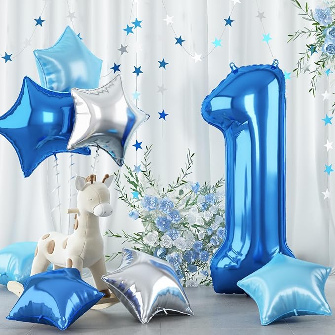 Dark Blue Number 1 Balloons, Big Royal Light Blue Silver Star One