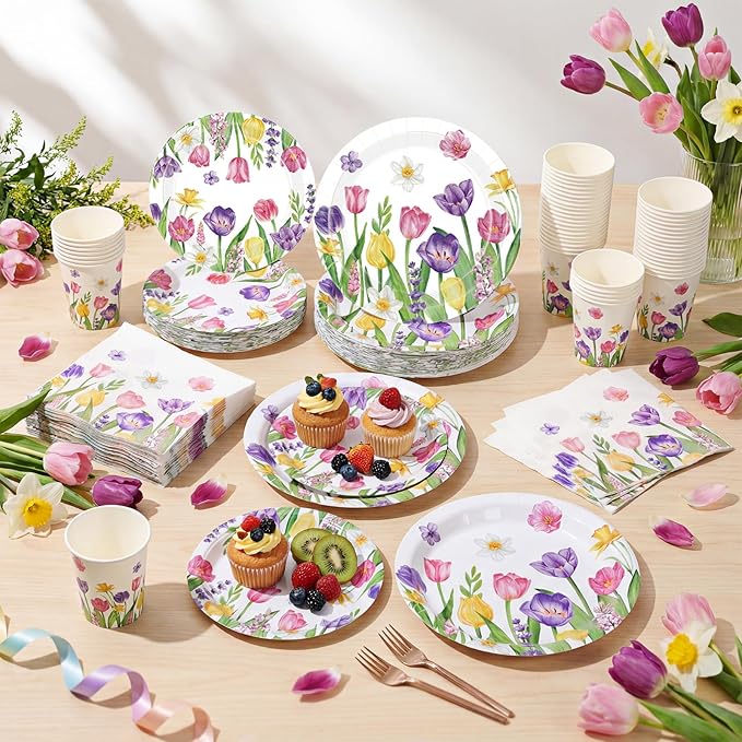 250 Pcs Tulip Floral Paper Plates and Napkins Spring Party Supplies