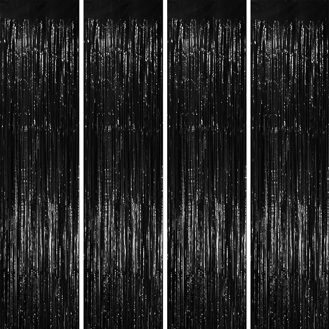 Voircoloria 4 Pack Black Foil Fringe Backdrop Curtains, Tinsel