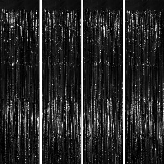 Voircoloria 4 Pack Black Foil Fringe Backdrop Curtains, Tinsel