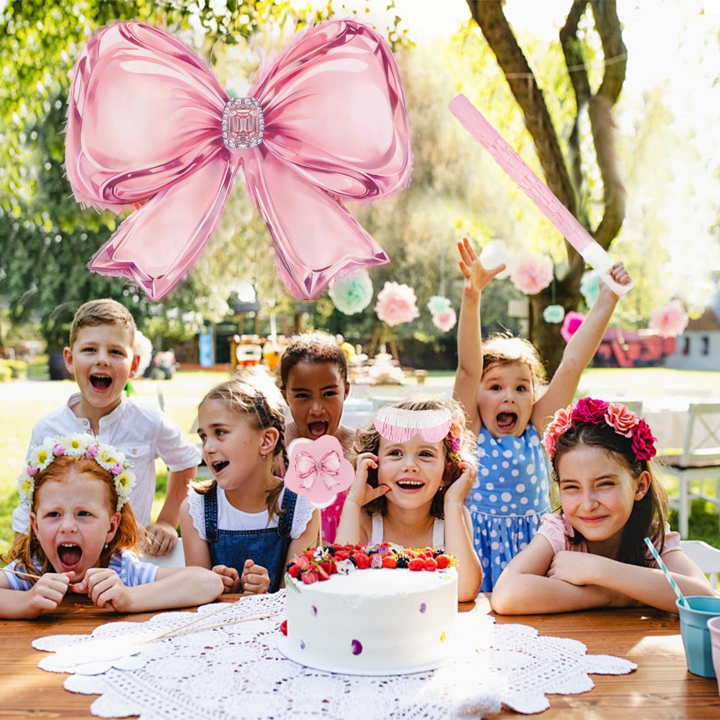 Pink Bow Pinata Set - Coquette Pink Crystal Bow Piñata with Blindfold