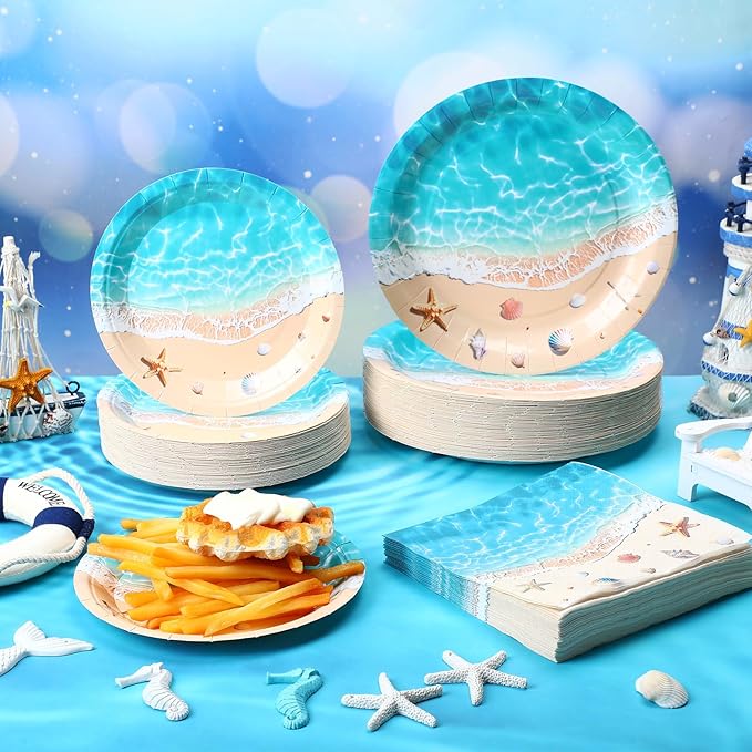 180 Pcs Beach Party Plates and Napkins 7'' and 9'' Ocean Waves Theme