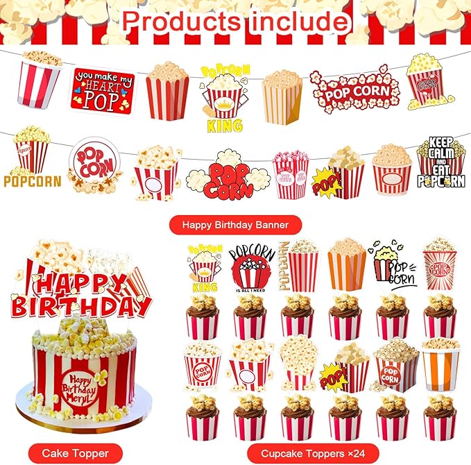 59 Pcs Popcorn Birthday Party Supplies Carnival Circus Movie Night