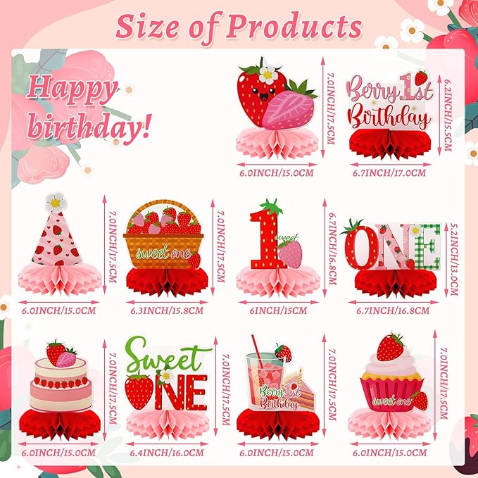 10 PCS Berry First Birthday Decor, Strawberry Theme 1st Birthday