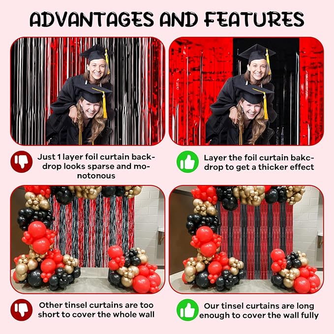 Voircoloria 2 Pack 3.3x8.2 Feet Red and Black Foil Fringe Backdrop