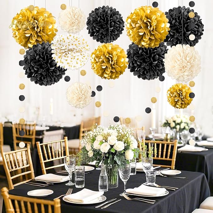 Black Gold Party Decorations 15 PCS Tissue Paper Pom Poms Kit for