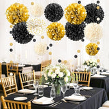 Black Gold Party Decorations 15 PCS Tissue Paper Pom Poms Kit for