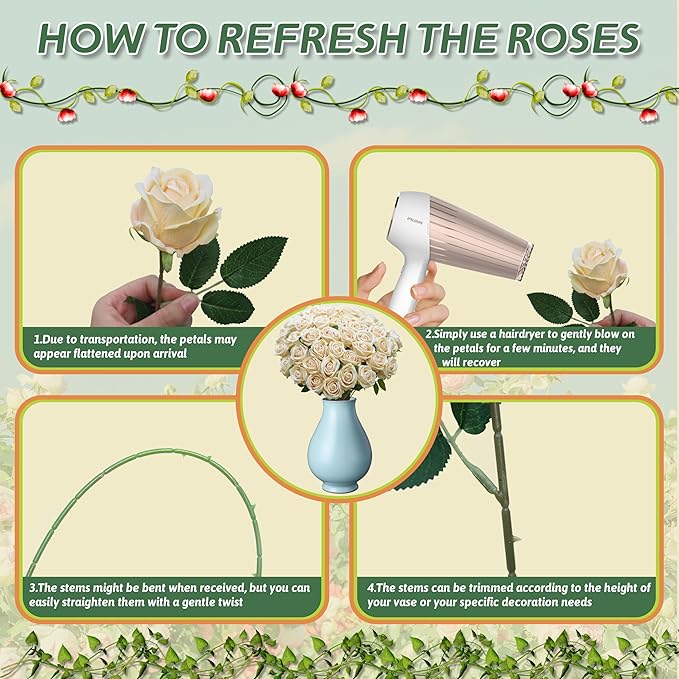 30 PCS Fake Champagne Roses, Artificial Flowers Bulk Realistic Silk