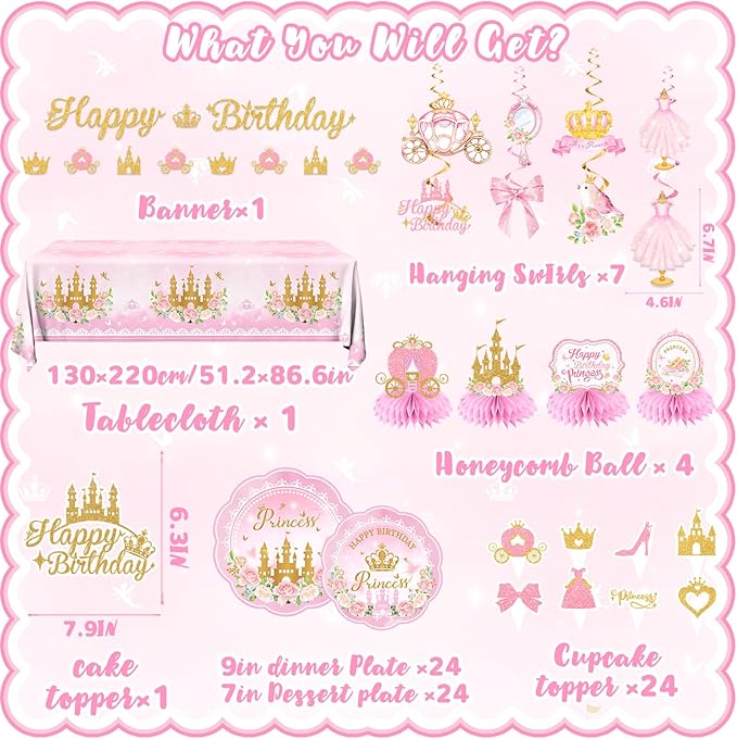 196Pcs Princess Birthday Party Decorations Serves 24 Pink Princess