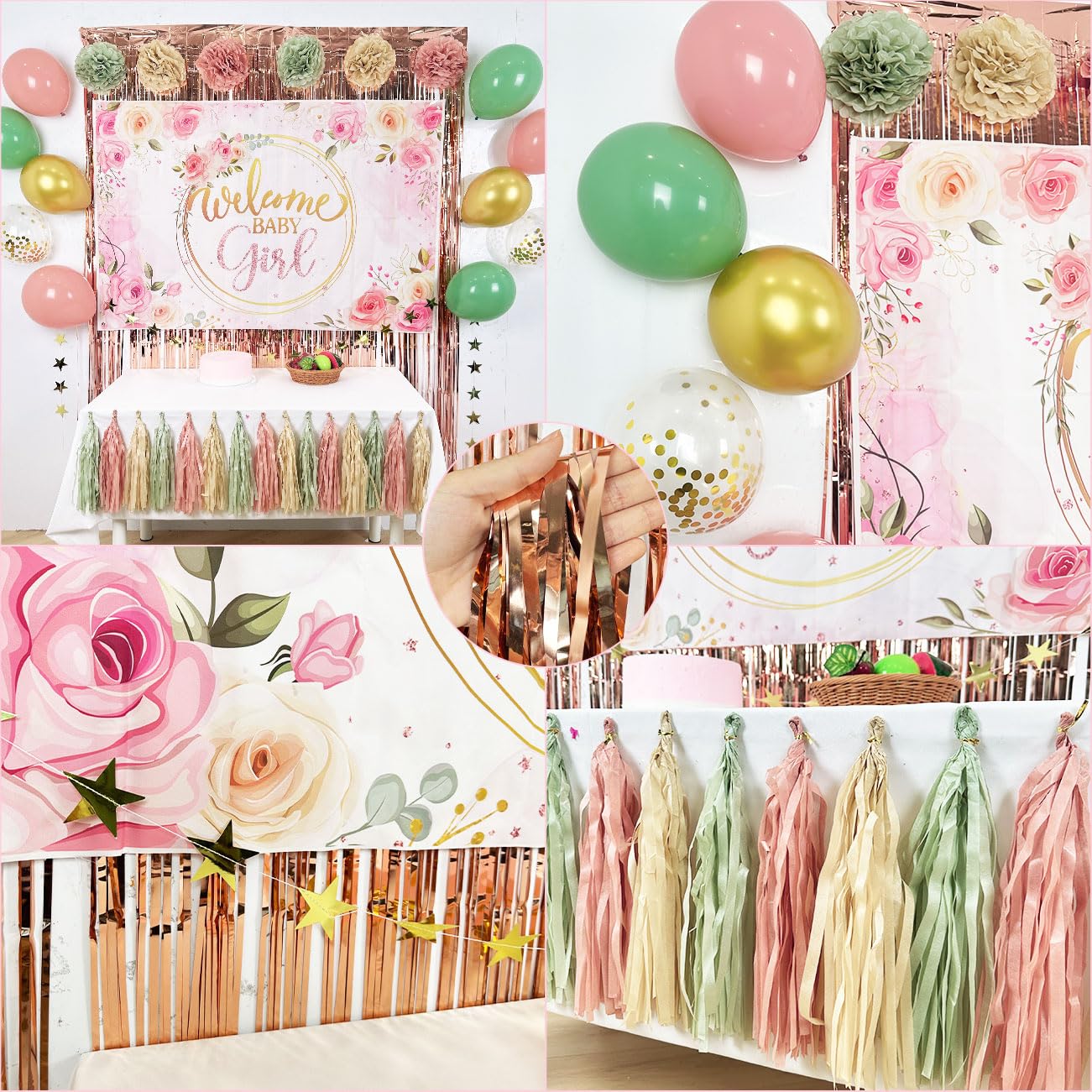 Dusty Pink and Sage Green Baby Shower Decorations Welcome Baby Girl