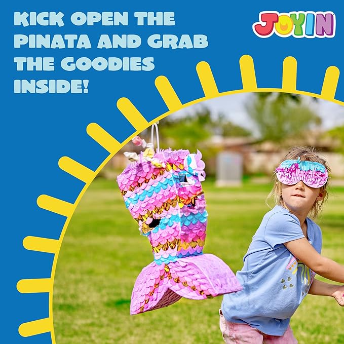 Mermaid Tail Pinata with Plastic Bat and Paper Blindfold for Fun
