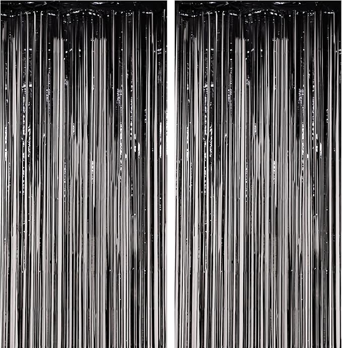 Voircoloria 2 Pack Black Foil Fringe Backdrop Curtains, Tinsel