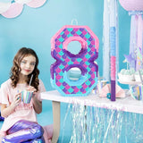 Mermaid Number 8 Pinata with Purple Pinata Stick Blindfold 8th