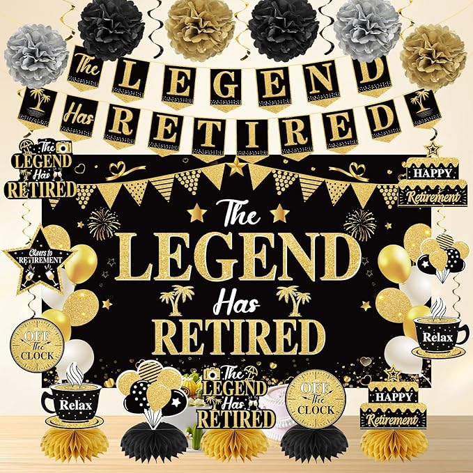 Retirement Party Decorations for Men Black Gold Happy Retirement