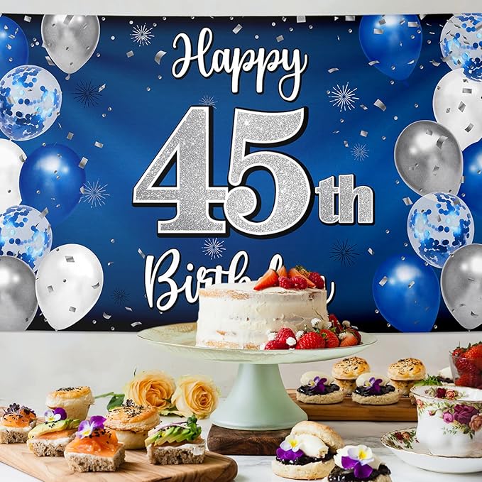 Happy 45th Birthday Decorations 45th Blue & Silver Balloon Large