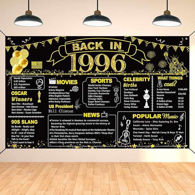 DARUNAXY 30th Birthday Black Gold Party Decoration, Back in 1996