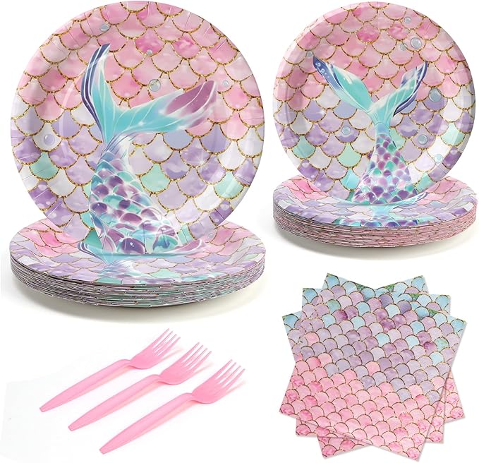 96Pcs Mermaid Plates and Napkins Party Supplies Mermaid Fishtail