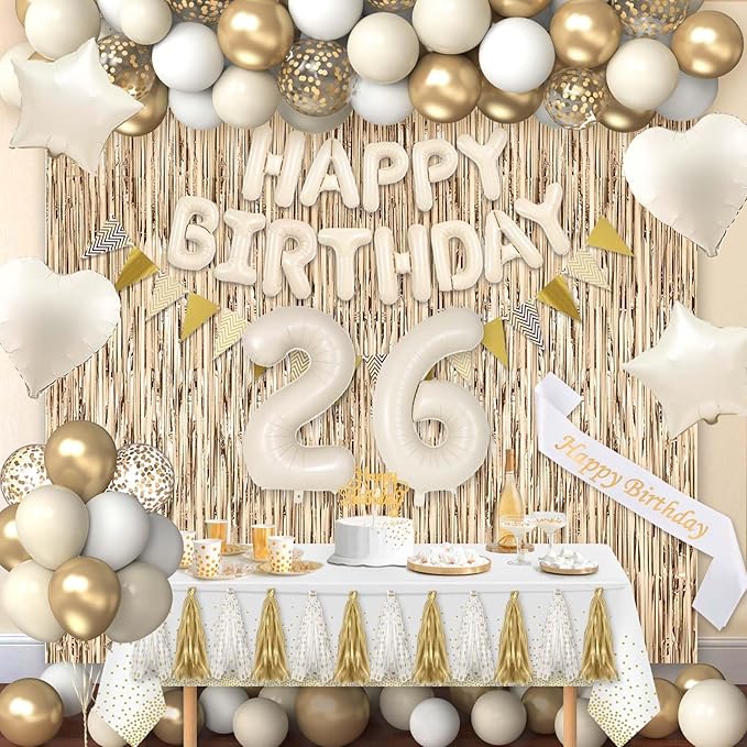 26th Birthday Decorations for Women, White and Gold 26 Boho Birthday