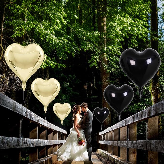Black Gold Foil Heart Balloons, 18 Inch 10 Pcs Light Gold and Black