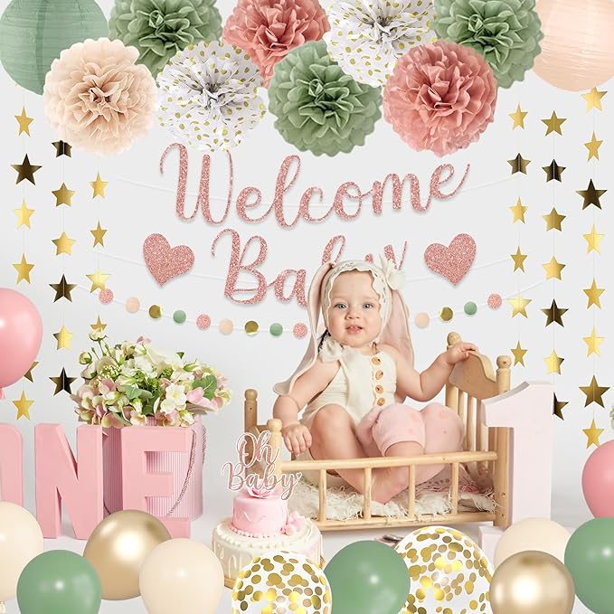 Amandir Girl Baby Shower Decorations Pink Sage Green Balloons Welcome
