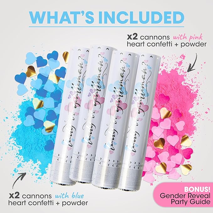 Gender Reveal Confetti Cannon Biodegradable Powder & Heart Shaped