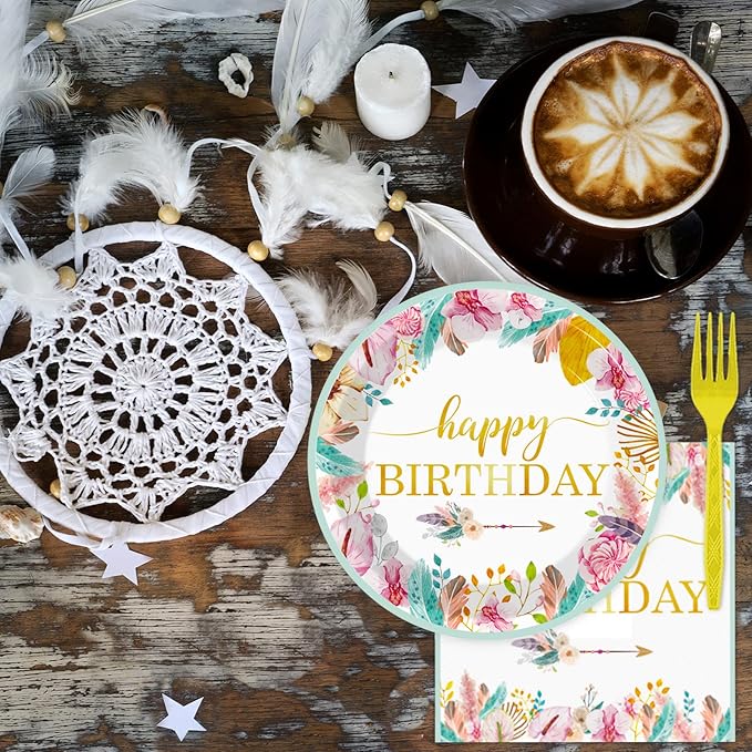 96 Pieces Happy Birthday Party Plates Napkins Boho Decorations Gold