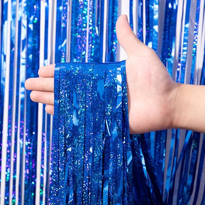 Voircoloria 3 Pack 3.3 x 8.2 ft Laser Blue Foil Fringe Backdrop