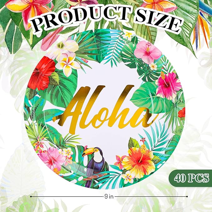 Paper Plates 9 Inch Disposable Tropical Hawaiian Luau Design 40Pcs
