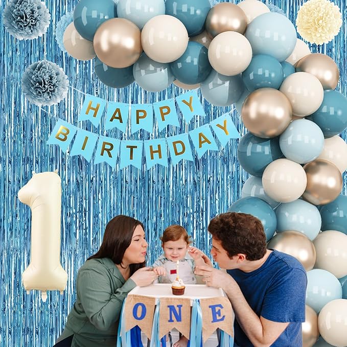 Dusty Blue 1st Birthday Decorations Beige Cream Number 1 Balloon