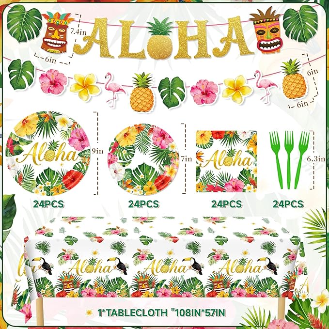 Luau Party Decorations 99Pcs Hawaiian Aloha Party Plates Serve 24