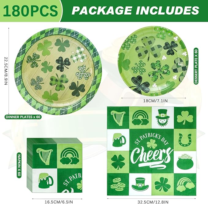 180PCS St Patrick's Day Party Supplies Shamrock Paper Plates &