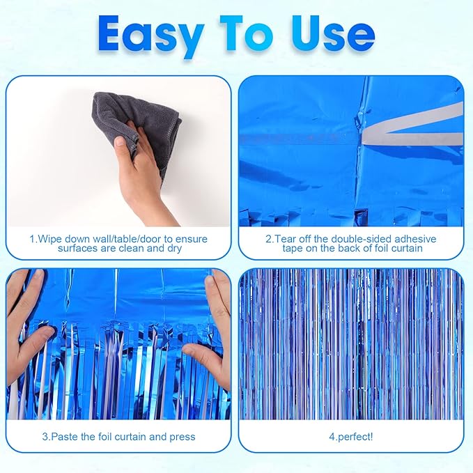 Voircoloria 4 Pack Blue Foil Fringe Backdrop Curtains, Tinsel