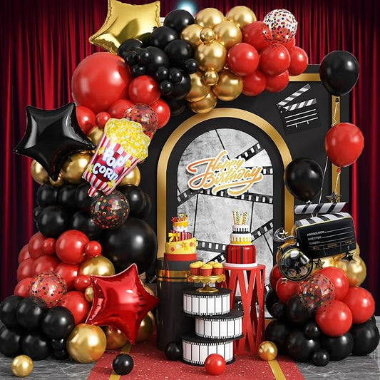 Movie Night Balloon Garland Arch Kit Red Black Gold Confetti