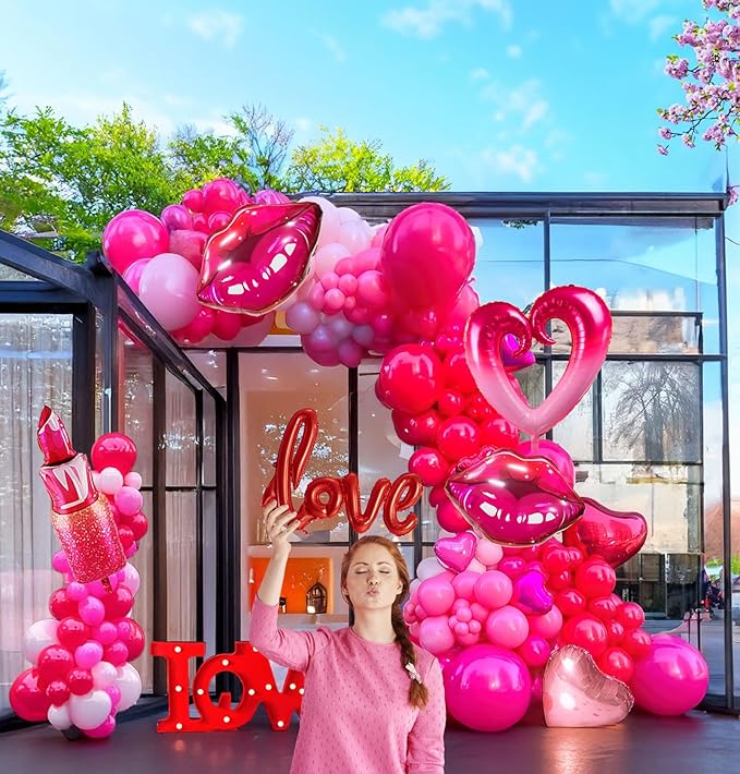 Valentines Day balloon garland arch kit with red Hot pink and love
