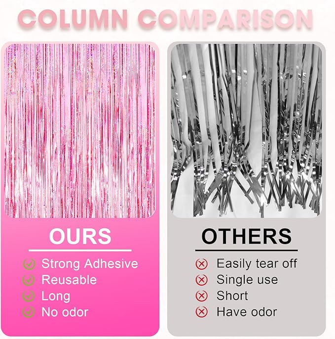 Voircoloria 3 Pack 3.3x8.2 Feet Laser Pink Foil Fringe Backdrop