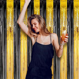 Voircoloria 2 Pack Black and Gold Foil Fringe Backdrop Curtains,