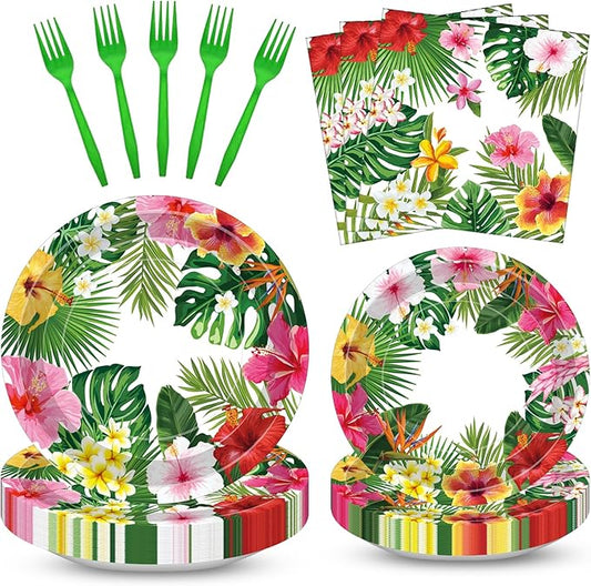 100 Pcs Tropical Luau Party Supplies Set Serves 25 Disposable