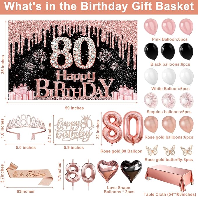 80th Birthday Decorations for Women 49pcs Black Rose Gold Black
