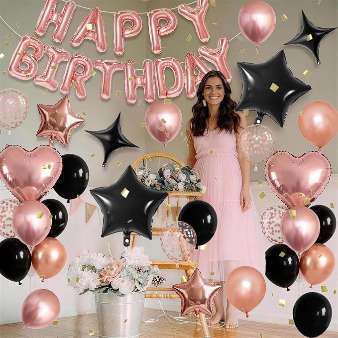 Rose Gold and Black Birthday Decorations for Women Black Pearl Rose