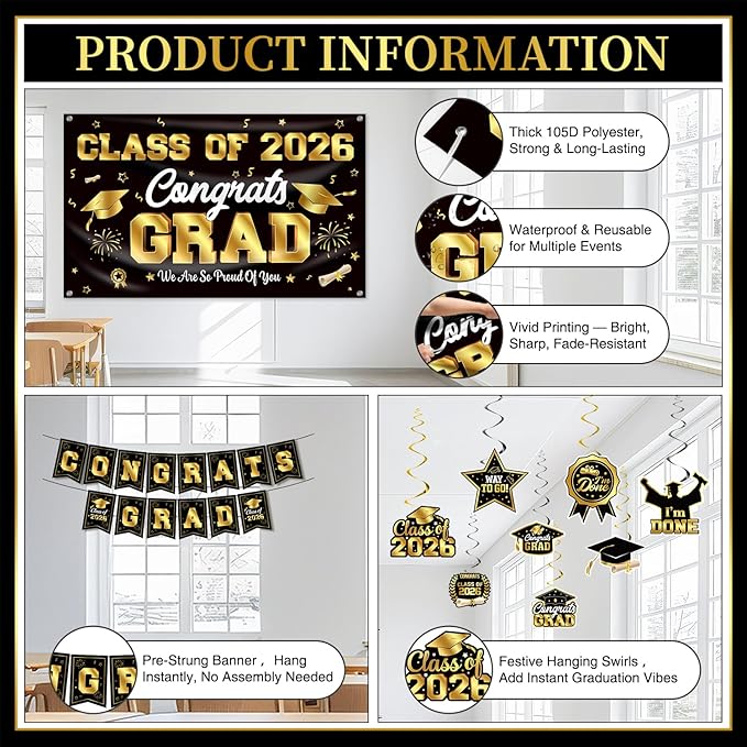 Graduation Decorations Class of 2026 Black and Gold Party Decor Set