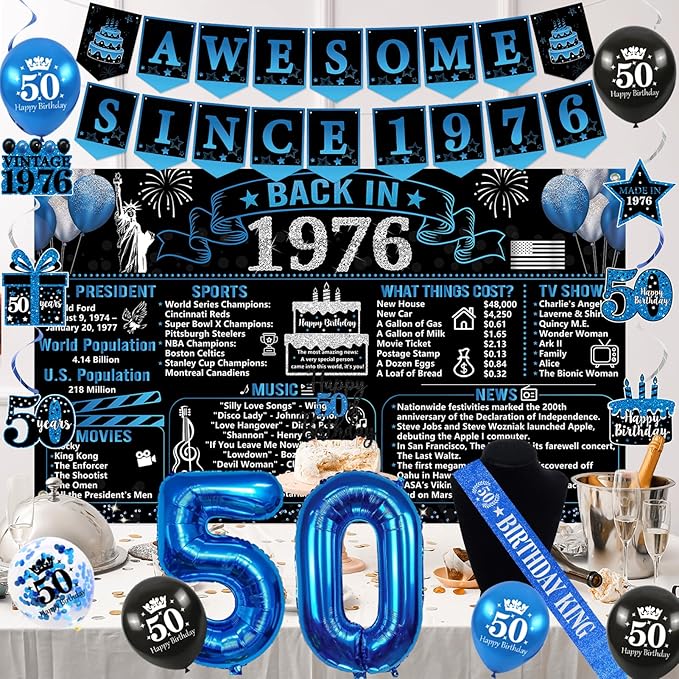 50th Birthday Decorations for Men Black Blue Back in 1976 Poster