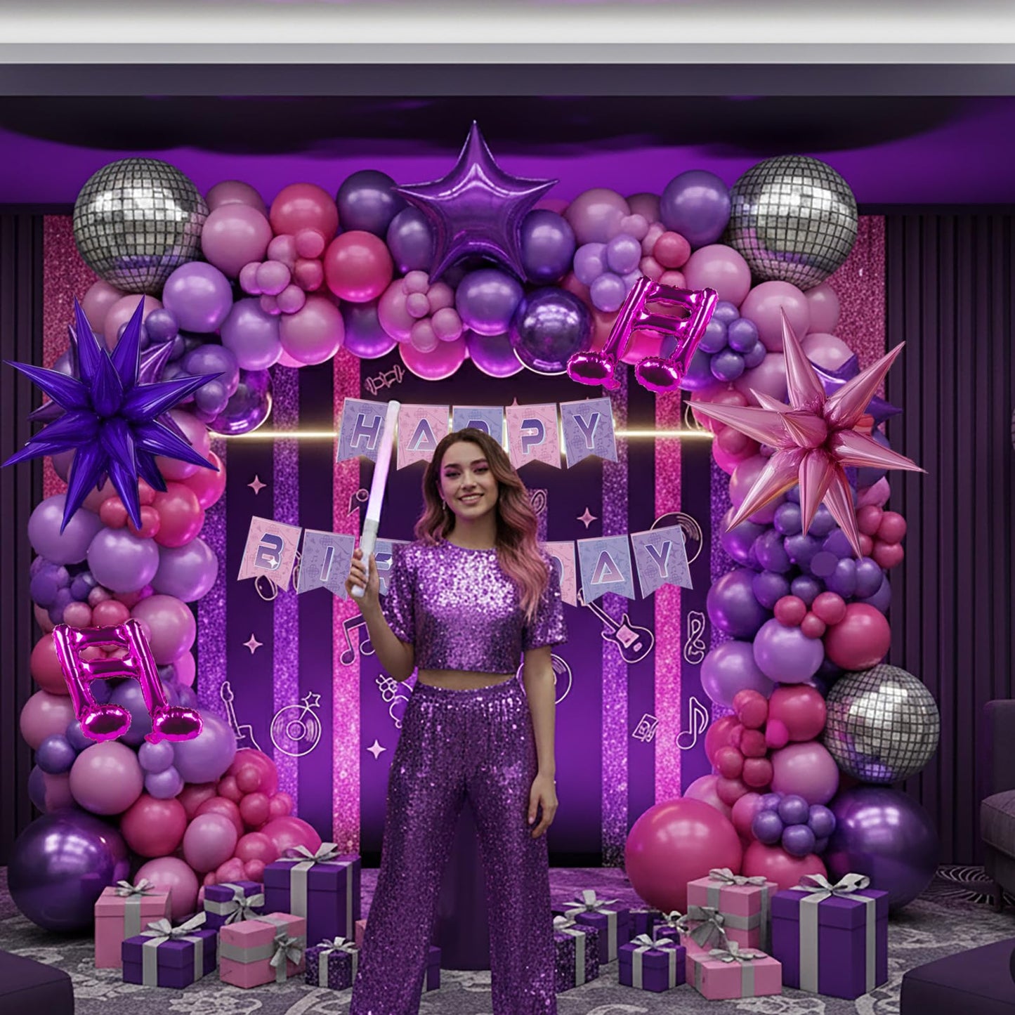 K-Pop Music themed Birthday Decorations with Hot Pink Metallic Purple