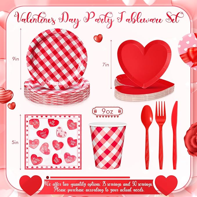 175 Pcs Valentines Party Supplies Set for 25 Guests Red Heart Paper
