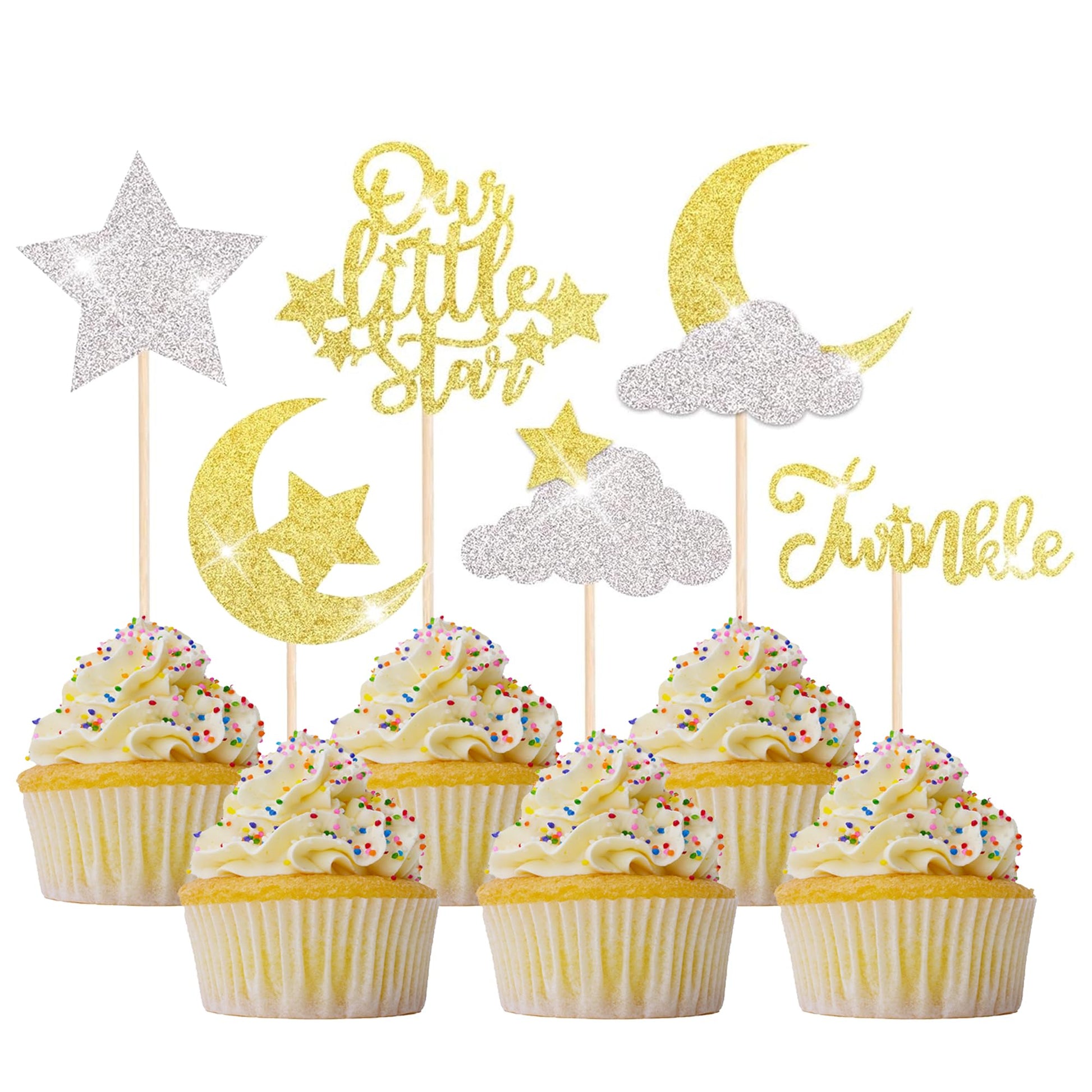 24 Pack Little Star Cupcake Toppers Glitter Moon Cloud Cupcake Pi 1-go