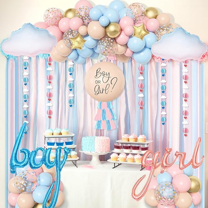 Ouddy Party Gender Reveal Decorations Pastel Pink and Blue Nude