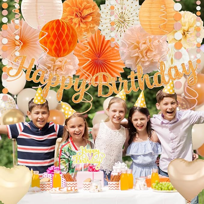 Orange Peach Fall Boho Birthday Party Decorations 62pcs Happy