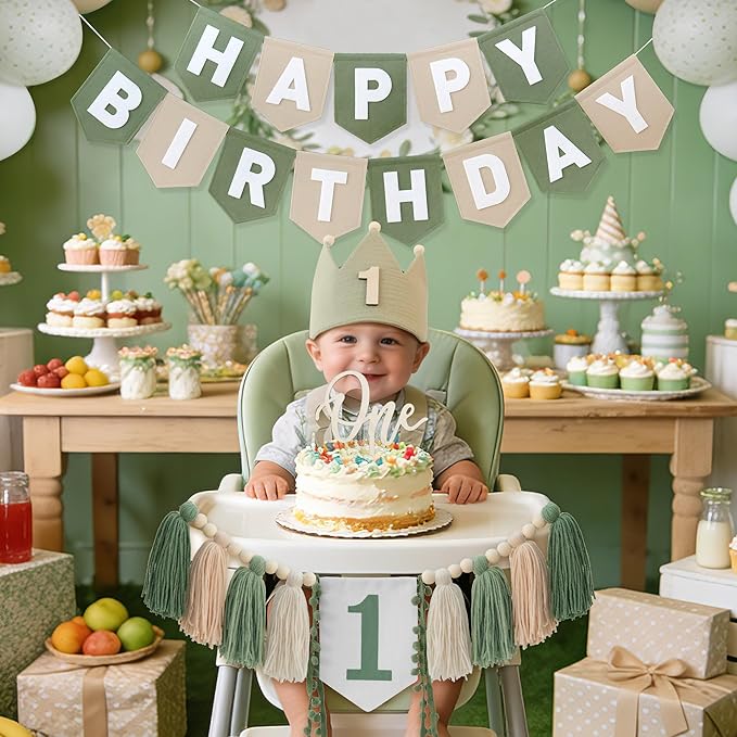 Wild One High Chair Banner Felt Green Happy Birthday Banner Pre